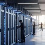 データセンター保険の世界市場が1.6兆円規模に拡大する背景を示す、現代的なデータセンターの環境。サーバーラックと技術者の作業が描写されている。