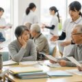 75歳以上向け「資格確認書／資格情報のお知らせ」交付ルール変更に関連するシーン。高齢者と医療関係者のやり取りを描写。