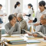 75歳以上向け「資格確認書／資格情報のお知らせ」交付ルール変更に関連するシーン。高齢者と医療関係者のやり取りを描写。