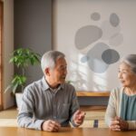 75歳以上の後期高齢者医療保険料についての解説。夫婦が協議している様子を描写した画像です。