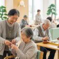 75歳から後期高齢者医療制度への移行を説明する記事に関連し、高齢者同士の支え合いの場面を描いた画像です。
