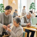 75歳から後期高齢者医療制度への移行を説明する記事に関連し、高齢者同士の支え合いの場面を描いた画像です。