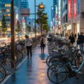 電動バイク利用時のバイク保険加入義務に関する解説。街中の電動バイクの風景が日常生活を表現している画像。