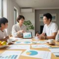 生命保険各社による予定利率引き上げと保険料引き下げの動きを反映した、家族の財務計画を討論するシーン。