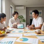 生命保険各社による予定利率引き上げと保険料引き下げの動きを反映した、家族の財務計画を討論するシーン。