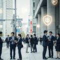金融庁が8年ぶりの大規模組織改編に向けた背景を示す現代日本の都市風景。人々が意見を交わす様子や金融関連のシンボルが抽象的に描かれている。