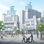 総医療費46.7兆円のうち患者負担5.4兆円について考える日本の日常の一コマ。医療施設が背景にあり、健康に関する活動を示す。