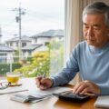 年金月16万円受給の67歳男性が、家計への影響を考えているシーン。請求書や計算機を前に、思慮深い表情を浮かべています。