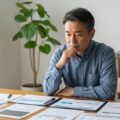 退職金3,000万円後の再雇用で税金や保険料が大幅増加する仕組みを考える姿。自宅のオフィスで書類に向かう男性の様子を表現。