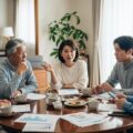 主婦年金第3号被保険者制度の廃止や縮小に関する議論状況をシンプルな家庭の一場面で表現。家族が制度について話し合う様子が描かれています。