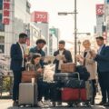 海外旅行保険のクレジットカード利用付帯に関する注意点を説明する旅のシーン。日本の街中で旅支度に話し合う旅行者たちの様子を描写。